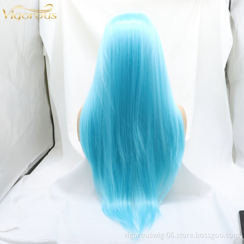Vigorous high end blue premium fiber wigs cheap wig heat friendly synthetic long straight hair wigs for cosplay